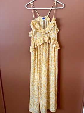 Yellow Floral Maxi Dress M Ruffle Strappy Boho Flowy Summer Wedding Guest